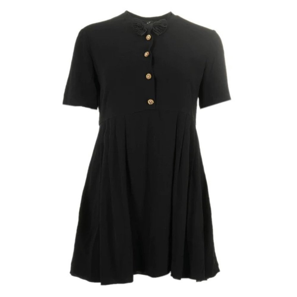 SAINT LAURENT SHORT SLEEVE MINI DRESS WITH BOW TIE AND EMBELLISHED BUTTONS